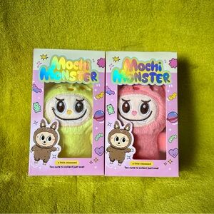 All Things Mochi Mochi Monster Keychains Set of 2 Plush Collectible Pink/Yellow